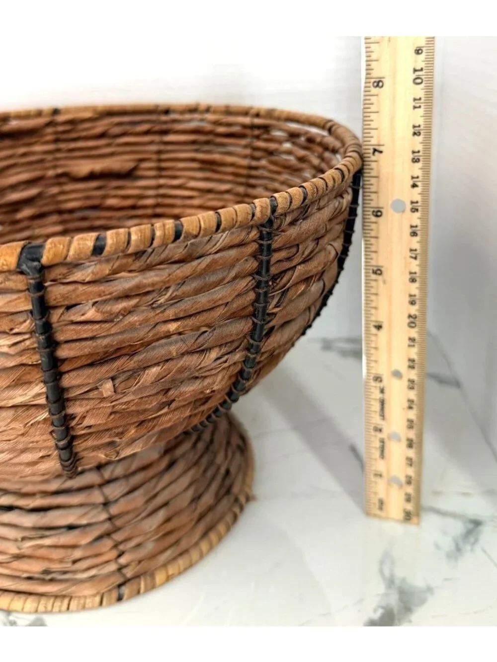 Vintage Rustic Wicker Pedestal Bowl Boho Rattan Footed Centerpiece Basket